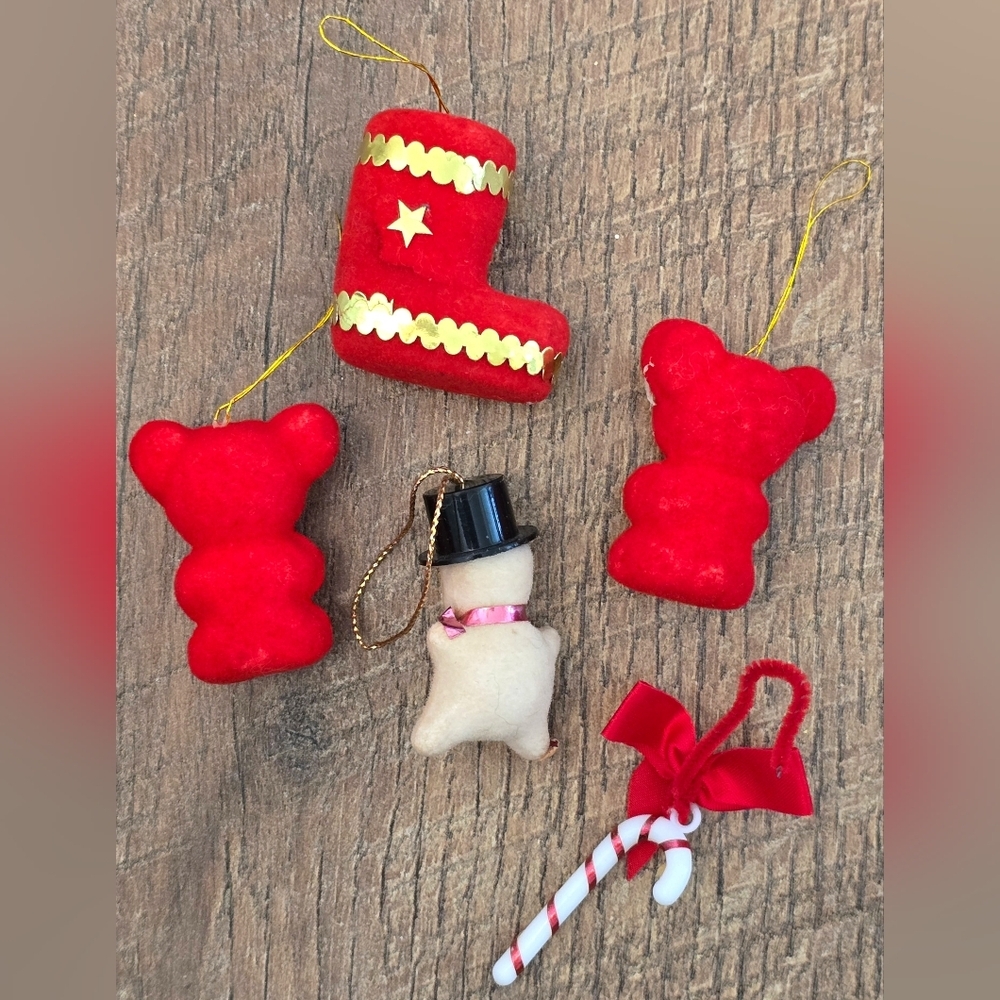 Lot of 4 Vintage Miniature Flocked Christmas Ornaments Bear Snowman Boot - Picture 2 of 4